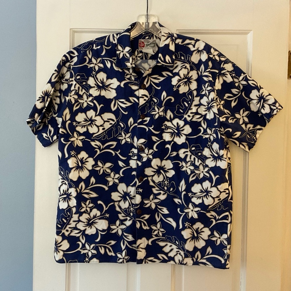 Vintage Hilo Hattie Hawaiian Shirt Blue Floral Men’s M Aloha Made In Hawaii